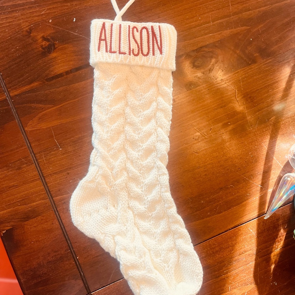 Embroidered Ivory Knit Holiday Stocking